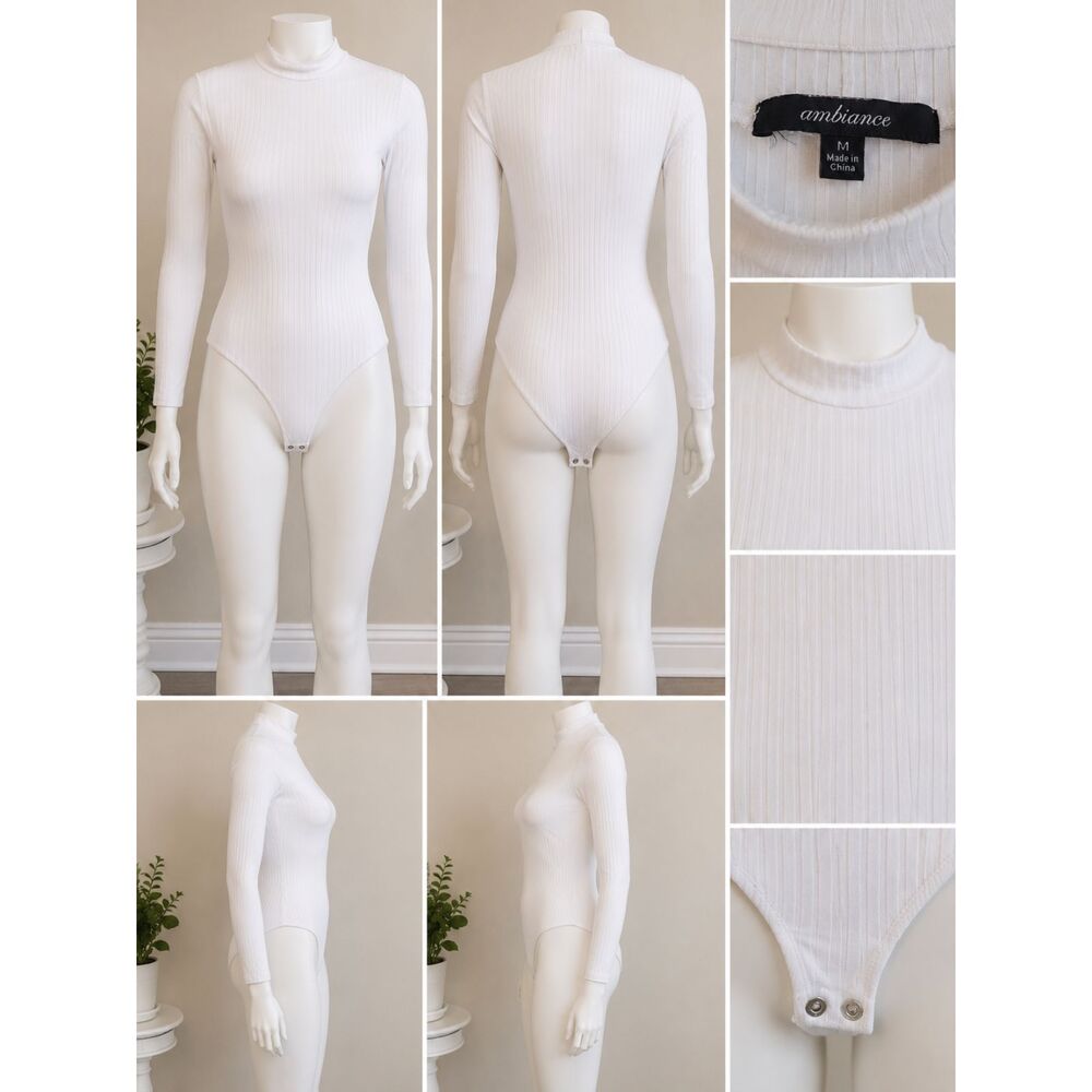 Ambiance Women’s White Ribbed Mock Neck Long Sleeve Bodysuit Size M